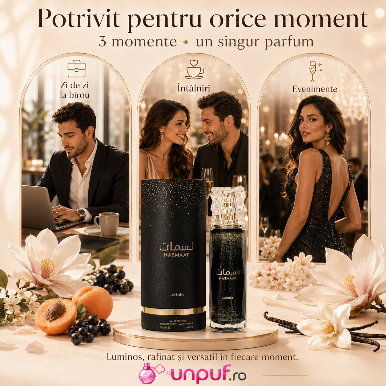 Lattafa Nasmaat parfum arabesc potrivit pentru zi de zi, birou, &icirc;nt&acirc;lniri, seară și evenimente
